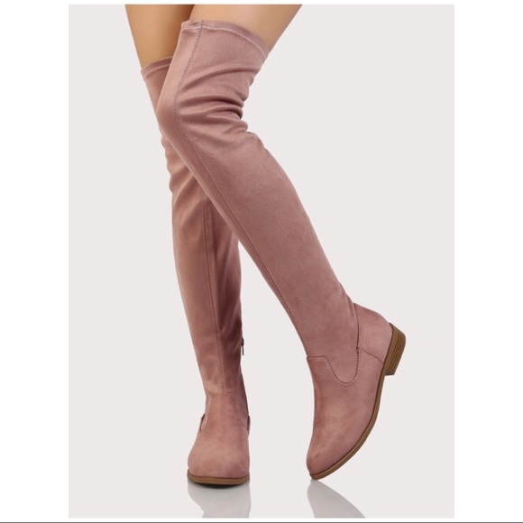 Over The Knee Low Heel Flat Pink Stretch Boot - Picture 4 of 6